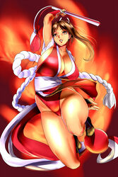  absurdres arm_up breasts brown_eyes brown_hair cleavage fatal_fury female fire hand_fan highres holding holding_fan japanese_clothes judge_(oekaki) large_breasts long_hair pelvic_curtain ponytail red_background revealing_clothes rope shiranui_mai simple_background solo the_king_of_fighters thick_thighs thighs 