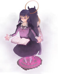  2girls absurdres alternate_costume ao-chan_(ninomae_ina&#039;nis) back-to-back black_hair black_skirt blunt_bangs collarbone commentary dual_persona english_commentary flat_chest floating fog glowing hair_ornament hairclip halo highres hololive hololive_english kneehighs long_hair looking_down medium_hair mocomiliano multiple_girls ninomae_ina&#039;nis open_hands purple_eyes school_uniform skirt socks tentacle_hair very_long_hair virtual_youtuber 