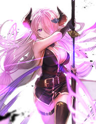  absurdres braid breasts cleavage closed_mouth commentary_request draph duplicate female fingerless_gloves gloves granblue_fantasy granblue_fantasy_versus hair_ornament hair_over_one_eye highres holding holding_sword holding_weapon horns katana large_breasts long_hair looking_at_viewer narmaya_(granblue_fantasy) nishibi_mitsuba pink_hair pixel-perfect_duplicate pointy_ears purple_eyes serious sheath shiny_skin side_braid simple_background single_thighhigh solo sword thigh_strap thighhighs unsheathing very_long_hair weapon 