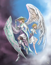  2girls amputee angel angel_wings asymmetrical_wings barefoot blonde_hair blue_eyes borrowed_character cassie_(acerailgun) cyborg double_amputee feathered_wings flying full_body greaves hand_on_headwear hand_on_own_chest hat highres marwan_islami mechanical_arm mechanical_wings multiple_girls original signature single_wing time_paradox white_wings wings 