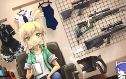  armory black_dress blonde_hair clothes_hanger coffee coffee_pot commentary_request cup dress dutch_angle female gun h&amp;k_psg1 hair_ribbon highres iris_(material_sniper) ironlily material_sniper mug one-piece_swimsuit pokky ribbon rifle school_uniform scope serafuku short_hair sleeves_rolled_up smile sniper_rifle solo speaker steam swimsuit topknot weapon weapon_rack 