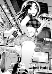  ;q absurdres ass belt boots breasts crop_top deer_head drawing_(object) english_text eyelashes female front-tie_top fur_boots greyscale hand_on_own_hip highres holding holding_plate kneehighs large_breasts leg_up long_hair looking_at_viewer looking_back midriff monochrome non-web_source one_eye_closed original photoshop_(medium) plaid plaid_shirt plate shirt short_shorts short_sleeves shorts smile socks solo standing standing_on_one_leg sugaishi taco television tied_shirt tongue tongue_out trophy_head ugg_boots 