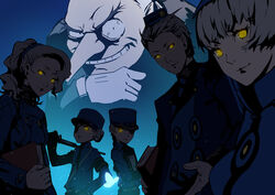  2boys 4girls blonde_hair book caroline_(persona_5) club3 commentary_request elevator_operator elizabeth_(persona) eyepatch gloves glowing glowing_eyes hat igor_(persona) justine_(persona_5) long_hair looking_at_viewer margaret_(persona) multiple_boys multiple_girls persona persona_3 persona_3_portable persona_4 persona_5 photoshop_(medium) short_hair siblings smile theodore_(persona) twins velvet_room yellow_eyes 