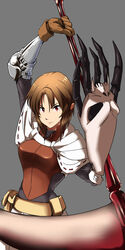  armor brown_hair claws commentary_request female gloves grey_background highres hiro_(spectral_force) holding holding_scythe maabou pointy_ears red_eyes scythe serious short_hair single_glove solo spectral_(series) spectral_force 