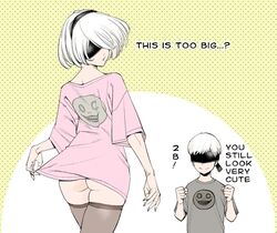  1boy ass black_legwear blindfold clenched_hands cropped_legs emil_(nier) english female limited_palette looking_back nier nier_(series) nier_automata oversized_clothes oversized_shirt parted_lips shinya_komi shirt shirt_lift short_hair silver_hair smile thighhighs upper_body yorha_no._2_type_b yorha_no._9_type_s 