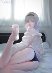  absurdres anna_nishikinomiya ass bare_legs bare_shoulders barefoot bed black_panties blue_eyes blunt_bangs blurry chinese_commentary commentary_request curtains dated depth_of_field dress_shirt feet female foot_up hairband highres indoors kamachi_kamachi-ko leg_up licking_lips long_legs looking_at_viewer looking_back lying off_shoulder on_bed on_side pale_skin panties realistic shimoneta_to_iu_gainen_ga_sonzai_shinai_taikutsu_na_sekai shirt sideways_glance solo tongue tongue_out underwear white_hair white_shirt window 