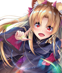  :d animal_ears black_dress blonde_hair chains commentary_request dress earrings ereshkigal_(fate) ereshkigal_(third_ascension)_(fate) fate/grand_order fate_(series) female gold_trim hand_up highres hoop_earrings index_finger_raised jewelry kemonomimi_mode layered_sleeves long_hair long_sleeves looking_at_viewer necklace open_mouth parted_bangs partial_commentary red_eyes red_ribbon ribbon sidelocks skull_ornament smile solo suisen-21 two-sided_fabric two-sided_sleeves upper_body wide_sleeves 