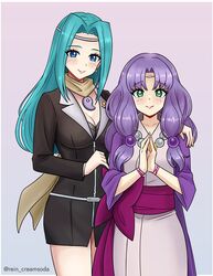  2girls aqua_hair bead_necklace beads blue_eyes breasts circlet cleavage commission cosplay english_commentary facing_viewer fiora_(fire_emblem) fire_emblem fire_emblem:_the_blazing_blade florina_(fire_emblem) green_eyes gyakuten_saiban japanese_clothes jewelry long_hair looking_at_viewer magatama magatama_necklace maya_fey maya_fey_(cosplay) medium_breasts mia_fey mia_fey_(cosplay) multiple_girls necklace own_hands_together phoenix_wright:_ace_attorney prayer_beads rein_creamsoda scarf siblings sisters smile straight-on 