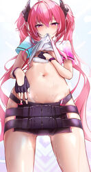  belt breasts clothes_in_mouth female fingerless_gloves from_below gloves grace_(sound_voltex) groin hair_ornament hand_towel highres hip_vent kie_(yospcd) long_hair mouth_hold navel no_bra pink_hair purple_eyes shirt shirt_in_mouth small_breasts sound_voltex stomach sweat t-shirt thighs twintails wiping_sweat 