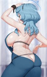  ako_(blue_archive) ako_(dress)_(blue_archive) armpits ass blue_archive blue_dress blue_eyes blue_hair blue_halo blurry blurry_background breasts butt_crack commentary_request dress earrings female from_behind halo highres jewelry large_breasts maruko_tooto official_alternate_costume plump purple_nails revealing_clothes sideboob single_handcuff skindentation solo 