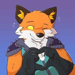  1:1 anthro blush canid canine clothing dizzy_eyes epic_games fennix_(fortnite) fortnite fox fur gloves green_clothing handwear happy heart_symbol hi_res latex latex_clothing male mammal one_eye_closed orange_body orange_fur otherpolanda red_fox smile solo spikes suit true_fox white_body white_fur yellow_eyes 