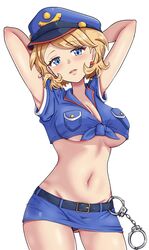  absurdres alternate_costume arms_behind_head belt blonde_hair blue_eyes blue_headwear blue_shirt blue_skirt breast_pocket breasts collared_shirt commentary_request cosplay cuffs earrings female handcuffs hat highres jenny_(pokemon) jenny_(pokemon)_(cosplay) jewelry large_breasts looking_at_viewer maho_(corotonton5150) microskirt midriff miniskirt navel pencil_skirt pocket pokemon pokemon_(anime) pokemon_journeys police police_hat police_uniform policewoman serena_(pokemon) shirt short_hair short_sleeves skirt tied_shirt underboob uniform white_background 