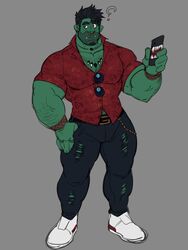  1boy ? arm_hair bara beard bulge cheschirebacon chest_hair collared_shirt facial_hair forearms full_beard full_body hairy haul_(cheschirebacon) highres holding holding_phone large_pectorals male_focus mature_male midriff_peek monster_boy muscular muscular_male navel_hair_peek orc original pants pectoral_cleavage pectorals phone pointy_ears shirt shoes short_hair sideways_glance sneakers solo standing thick_beard thick_eyebrows torn_clothes torn_pants tusks 