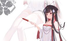  absurdres alternate_costume azur_lane black_hair breasts chinese_clothes cleavage collarbone colored_inner_hair commentary dress female flower galodos gold_bracelet gold_choker hair_flower hair_ornament hanfu hatsuzuki_(azur_lane) highres horns long_hair looking_at_viewer medium_breasts multicolored_hair parted_lips red_eyes red_hair sakura_empire_(emblem) skewer solo tanghulu tassel tassel_hair_ornament thighhighs two-tone_hair very_long_hair white_dress white_flower white_thighhighs zettai_ryouiki zoom_layer 