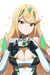  absurdres bare_shoulders blonde_hair breasts cleavage cleavage_cutout closed_mouth clothing_cutout commentary dress elbow_gloves female gloves hands_up headpiece heart heart_hands highres large_breasts long_hair looking_at_viewer mythra_(xenoblade) oruru63100814 simple_background smile solo star_(symbol) upper_body very_long_hair white_background white_dress white_gloves xenoblade_chronicles_(series) xenoblade_chronicles_2 yellow_eyes 