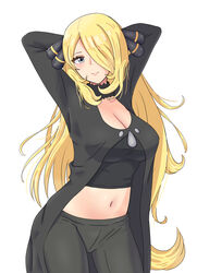  absurdres arms_up black_coat black_pants black_shirt blonde_hair breasts closed_mouth coat commentary_request cowboy_shot crop_top cynthia_(pokemon) female grey_eyes hair_ornament hair_over_one_eye highres large_breasts long_hair looking_at_viewer maho_(corotonton5150) midriff navel pants pokemon pokemon_dppt shirt simple_background smile solo stomach very_long_hair white_background 