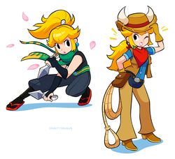  2girls bag belt blonde_hair chaps cowboy_hat cowgirl_peach earrings eyelashes fake_horns gloves green_scarf hat highres horned_headwear horns jewelry kunai lasso looking_at_viewer mario_(series) multiple_girls multiple_persona ninja ninja_peach official_alternate_costume ponytail princess_peach princess_peach:_showtime! red_scarf satchel scarf smile sphere_earrings vinny_(dingitydingus) weapon 