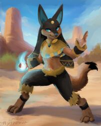  2024 3_toes 5_fingers ambiguous_gender anthro anubian_jackal anubis_(pal) biped black_bottomwear black_clothing black_ears black_shorts blue_eyes blue_fire blue_inner_ear blue_magic blue_nose blue_sky bottomwear brown_body brown_fur brown_tail canid canine canis clothing colored colored_fire dated day detailed_background digital_media_(artwork) digital_painting_(artwork) digitigrade egyptian egyptian_clothing egyptian_mythology elemental_manipulation feet fingers fire fire_manipulation full-length_portrait fur hi_res jackal jackal_ears jackal_tail looking_at_viewer magic magic_user mammal mesa_(landscape) middle_eastern_mythology mythology mythrava nature nature_background nemes_(clothing) outside pal_(species) palworld plant pocketpair portrait pose sand shorts shrub signature sky solo standing tail toes 