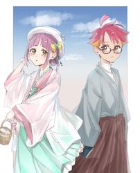  1boy basket blush book crispin_(pokemon) female glasses hair_ornament hakama hakama_skirt hat highres holding holding_basket japanese_clothes kimono lacey_(pokemon) mirumeru multicolored_hair pink_hair pink_kimono pokemon pokemon_sv red_hair ribbon scrunchie shirt short_hair shosei skirt taishou two-tone_hair white_headwear wrist_scrunchie yellow_eyes yellow_ribbon 