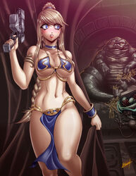  1boy 1girls alien armlet armor bikini bikini_armor bimbo blonde_hair blue_eyes blush braid braided_ponytail breasts busty cleavage clenched_teeth crossover curtain curvy eastern_and_western_character fat_man female female_focus gun high_ponytail highres hoop_earrings hourglass_figure hutt jabba_the_hutt karosu-maker large_breasts lipstick loincloth male metal_bikini metroid metroid_(creature) navel nintendo pelvic_curtain ponytail samus_aran slave_bikini slave_leia_(cosplay) solo_focus spill star_wars stomach teeth tied_hair tray underboob voluptuous weapon wide_hips 