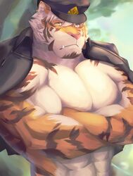  2018 abs absurd_res anthro biceps bozi clothing digital_media_(artwork) facial_hair felid fur goatee hat headgear headwear hi_res male mammal muscular muscular_anthro muscular_male pantherine pecs police police_uniform solo stripes tiger uniform 