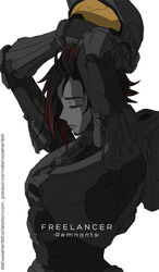  armor assault_visor black_hair bodysuit closed_eyes commentary company_connection dishwasher1910 english_commentary female halo_(series) highres multicolored_hair power_armor red_hair red_vs_blue removing_helmet roosterteeth ruby_rose rwby science_fiction short_hair solo spartan_(halo) watermark web_address white_background 