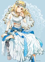  absurdres anklet arabian_clothes armlet blonde_hair breasts circlet commentary_request dancer dress earrings female gloves highres jewelry long_hair navel necklace octopath_traveler octopath_traveler_i ophilia_clement rico_ot see-through shawl simple_background smile solo veil 