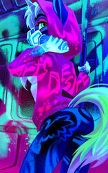  absurd_res anthro blacklight clothing equid equine eyeshadow fan_character female gas_mask graffiti green_eyes hasbro hi_res holivi hoodie horn looking_at_viewer looking_back makeup mammal mask my_little_pony mythological_creature mythological_equine mythology neon paint pink_eyeshadow solo spray_can spray_paint topwear unicorn 