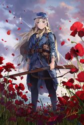  battlefield_(series) battlefield_1 belt blonde_hair blue_eyes bolt_action commentary_request female flower france gun gun_sling hat highres holding holding_weapon jacket kepi knife lebel_model_1886 long_hair military military_hat military_uniform neko_(yanshoujie) pantyhose petals poppy_(flower) pouch rifle sheath signature smoke_trail solo standing uniform weapon world_war_i 