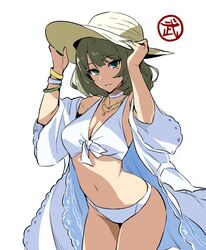  absurdres bikini blue_eyes breasts choker commentary_request cowboy_shot female green_eyes hands_on_headwear hat hat_tug heterochromia highres holding idolmaster idolmaster_cinderella_girls jewelry medium_breasts mole mole_under_eye navel necklace smile solo sun_hat swimsuit takagaki_kaede takeda_hiromitsu white_background white_bikini wristband 