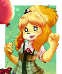  2019 animal_crossing anthro balloon bell black_sclera blonde_hair blush bow_(feature) bow_ribbon box breasts canid canine canis clothed clothing container digital_media_(artwork) domestic_dog female gift gift_bow gift_box hair happy hi_res holding_balloon holding_object inflatable isabelle_(animal_crossing) jingle_bell looking_at_viewer mammal nintendo open_mouth oumseven present_balloon_(animal_crossing) shih_tzu shirt short_hair smile solo teeth topwear toy_dog vest white_eyes 