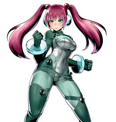  aqua_eyes ass_visible_through_thighs beads blue_eyes bodysuit clenched_hands closed_mouth dot_nose ear_protection female fighting_stance green_bodysuit hair_beads hair_ornament long_hair looking_at_viewer metal_slug metal_slug_attack nova_(metal_slug) official_art pink_hair rebellion_army_flag red_hair senno_aki simple_background solo tight_clothes twintails white_background 