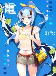  alternate_costume azur_lane bad_id bad_pixiv_id bare_shoulders belt blue_background blue_eyes blue_hair blush bow breasts casual character_name collarbone commentary_request crop_top day earrings female food fruit hair_between_eyes hair_ornament hair_ribbon highres horns inazuma_(azur_lane) itohime jewelry lemon lemon_slice long_hair looking_at_viewer medium_breasts midriff navel off-shoulder_shirt off_shoulder open_mouth ribbon shirt short_sleeves shorts smile solo standing temperature water weather yellow_bow yellow_shirt 