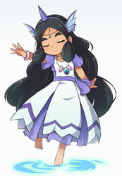  bangle black_hair blush bracelet closed_eyes closed_mouth commentary_request dress facing_viewer fake_horns female gradient_background grey_background hairband hapu_(pokemon) head_tilt horns jewelry long_hair nekono_rin outstretched_arm parted_bangs pokemon pokemon_sm purple_hairband ripples short_sleeves single_horn solo standing standing_on_one_leg thick_eyebrows very_long_hair water white_background white_dress 