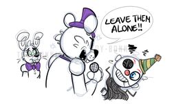  2018 animatronic anthro bear bow_(feature) bow_tie digital_media_(artwork) english_text ennard_(fnafsl) five_nights_at_freddy&#039;s five_nights_at_freddy&#039;s_3 fredbear_(fnaf) group humanoid lagomorph leporid machine mammal rabbit robot scottgames sister_location speech_bubble spring_bonnie_(fnaf) text toy-bonnie 