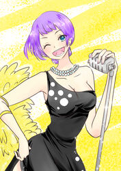  absurdres black_dress blue_eyes breasts carina_(one_piece) cleavage commentary_request dress female fur_trim hair_bun highres jewelry large_breasts microphone nail_polish necklace one_eye_closed one_piece one_piece_film:_gold open_mouth purple_hair sayano_kk single_hair_bun solo sparkle teeth 