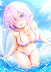  :d alternate_costume bare_arms bare_shoulders bikini blue_sky blush breasts cleavage cloud collarbone commentary_request day dutch_angle eyes_visible_through_hair fate/grand_order fate_(series) female hair_over_one_eye highres holding large_breasts leaning_forward looking_at_viewer mash_kyrielight navel o-ring o-ring_bikini o-ring_bottom o-ring_top ocean open_mouth outdoors partial_commentary pink_hair purple_bikini purple_eyes round_teeth short_hair sky smile solo sunlight swimsuit teeth upper_teeth_only wading water water_drop wet yuunagi_(0217) 