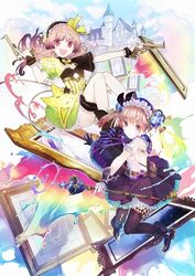  2girls atelier_(series) atelier_lydie_&amp;_suelle blush boots bow castle detached_sleeves fingerless_gloves full_body gloves gun hair_ornament hairband hat long_hair lydie_marlen multicolored_hair multiple_girls official_art open_mouth pink_eyes pink_hair ponytail purple_hair siblings simple_background single_detached_sleeve sparkle staff suelle_marlen thighhighs twins two-tone_hair weapon yuugen 