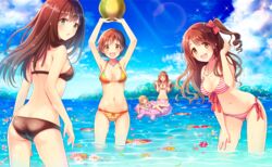  &gt;_&lt; 5girls :d armpits arms_up ass bikini black_bikini black_hair blonde_hair blue_eyes blue_flower bow breasts brown_eyes brown_hair closed_eyes commentary_request contrapposto cosmos_(flower) day flower flower_on_liquid from_behind futaba_anzu hairbow honda_mio idolmaster idolmaster_cinderella_girls innertube jewelry leaf_on_liquid leaning_forward lens_flare long_hair looking_at_viewer looking_back medium_breasts moroboshi_kirari multiple_girls navel necklace one_side_up open_mouth orange_bikini outdoors petals petals_on_liquid pink_flower reclining serino_itsuki shibuya_rin shimamura_uzuki short_hair smile standing strap_gap striped_bikini striped_clothes sunlight swim_ring swimsuit trefoil wading white_flower yellow_flower 