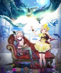  2girls atelier_(series) atelier_lydie_&amp;_suelle bird book boots bow bowtie couch detached_sleeves feathered_wings full_body gloves hairband hat highres long_hair lydie_marlen multicolored_hair multiple_girls official_art open_mouth pink_eyes pink_hair ponytail purple_hair siblings single_detached_sleeve sitting sky sparkle suelle_marlen twins water wings yuugen 