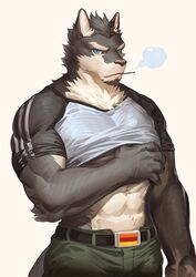  2017 5_fingers abs anthro belt big_muscles blue_eyes canid canine canis clothed clothing clothing_lift fingers front_view frown fur grey_body grey_fur grey_hair hair half-length_portrait hand_on_chest hat headgear headwear looking_at_viewer male mammal moodraw mouth_hold muscular muscular_anthro muscular_male portrait shirt shirt_lift short_hair simple_background solo t-shirt topwear torn_clothing white_background white_body white_fur wolf 