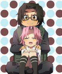  1boy :d black_hair blush brown_eyes closed_eyes commentary_request female glasses hand_on_shoulder hands_on_own_knees highschool_of_the_dead hirano_kouta_(hsotd) kneehighs load_bearing_vest maresato_alice mole open_mouth pink_hair polka_dot purasu_no_konbu school_uniform sitting sitting_on_lap sitting_on_person smile socks 