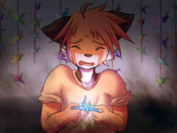  2016 4:3 ailurid anthro bodily_fluids brown_body brown_fur clothing crying dramatic fortune_telling fur male mammal multicolored_body multicolored_fur open_mouth orange_body orange_fur origami origami_crane owen_(repeat) papercraft red_panda repeat_(visual_novel) sad screencap shirokoi shirt solo tears topwear white_body white_fur young 