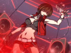  belt brown_eyes brown_hair commentary_request crop_top denim denim_shorts female gloves headset iga_tomoteru jacket jewelry meiko_(vocaloid) microphone midriff navel necklace open_clothes open_jacket shorts solo vocaloid 