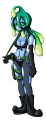  absurdres bikini blue_skin boots colored_skin commentary_request cosplay crossover dankodeadzone female front-tie_bikini_top front-tie_top full_body gloves green_eyes highres holster metal_gear_(series) metal_gear_solid_v:_the_phantom_pain monster_girl monster_musume_no_iru_nichijou pantyhose quiet_(metal_gear) quiet_(metal_gear)_(cosplay) slime_girl solo suspenders suu_(monster_musume) swimsuit torn_clothes torn_pantyhose transparent_background 