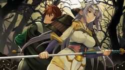  alice_soft back-to-back breasts brown_eyes brown_hair cape female game_cg grey_hair highres large_breasts long_hair looking_away purple_eyes rance rance09:_the_helman_revolution senhime short_hair smile standing tree trees weapon 