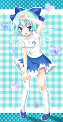  bad_id bad_pixiv_id blue_bow blue_eyes blue_hair bow circled_9 cirno female hairbow heart highres momose_rin short_hair solo thighhighs touhou white_thighhighs wings 