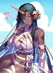  aqua_eyes bandaged_arm bandaged_leg bandages bare_shoulders bikini black_hair bracelet breasts cleavage cloud cloudy_sky commentary cosplay dark-skinned_female dark_skin day detached_sleeves fate/grand_order fate_(series) female frankenstein&#039;s_monster_(fate) frankenstein&#039;s_monster_(swimsuit_saber)_(fate) frankenstein&#039;s_monster_(swimsuit_saber)_(fate)_(cosplay) frankenstein&#039;s_monster_(swimsuit_saber)_(third_ascension)_(fate) hair_ornament hairclip headgear horizon horns jewelry large_breasts long_hair long_sleeves looking_at_viewer mechanical_horns ocean outdoors pink_lips scheherazade_(fate) single_detached_sleeve single_horn sitting sky solo swimsuit very_long_hair wet white_bikini yonetsuki_kana 