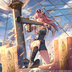  aiming belt blue_shorts blue_sky boots breasts closed_mouth cloud cloudy_sky commentary_request day female finger_on_trigger floating_hair gun gyakushuu_no_fantasica hat highres holding holding_gun holding_weapon large_breasts long_hair looking_at_viewer musyne_xsk official_art outdoors photoshop_(medium) pink_eyes pink_hair ship shorts sky solo sparks standing watercraft watermark weapon 