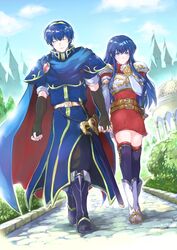  1boy armor belt black_gloves blue_eyes blue_hair blue_sky boots breastplate bush caeda_(fire_emblem) cape castle closed_eyes cloud commentary_request couple day dress elbow_gloves falchion_(fire_emblem) female fingerless_gloves fire_emblem fire_emblem:_mystery_of_the_emblem gloves holding_hands knee_boots long_hair marth_(fire_emblem) outdoors qumaoto scabbard sheath sheathed short_dress short_hair shoulder_armor sky straight sword thighhighs tiara weapon white_gloves 